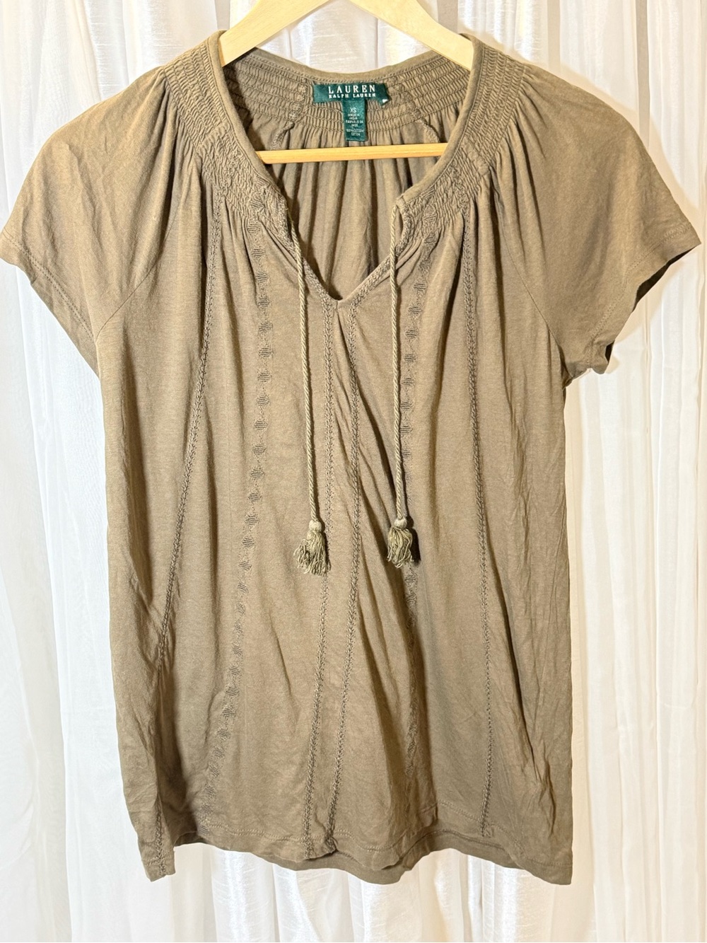 Ralph Lauren Tan Short-Sleeve Peasant Top with Tassel Tie
